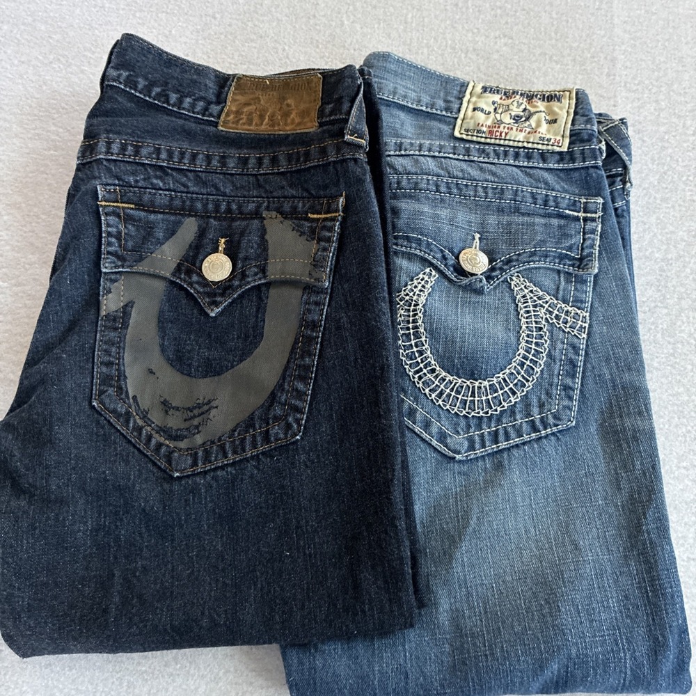 True Religion Ricky Blue Jeans Mens 36x26 (27) Flap Pocket Y2K Stitch Lot Of 2